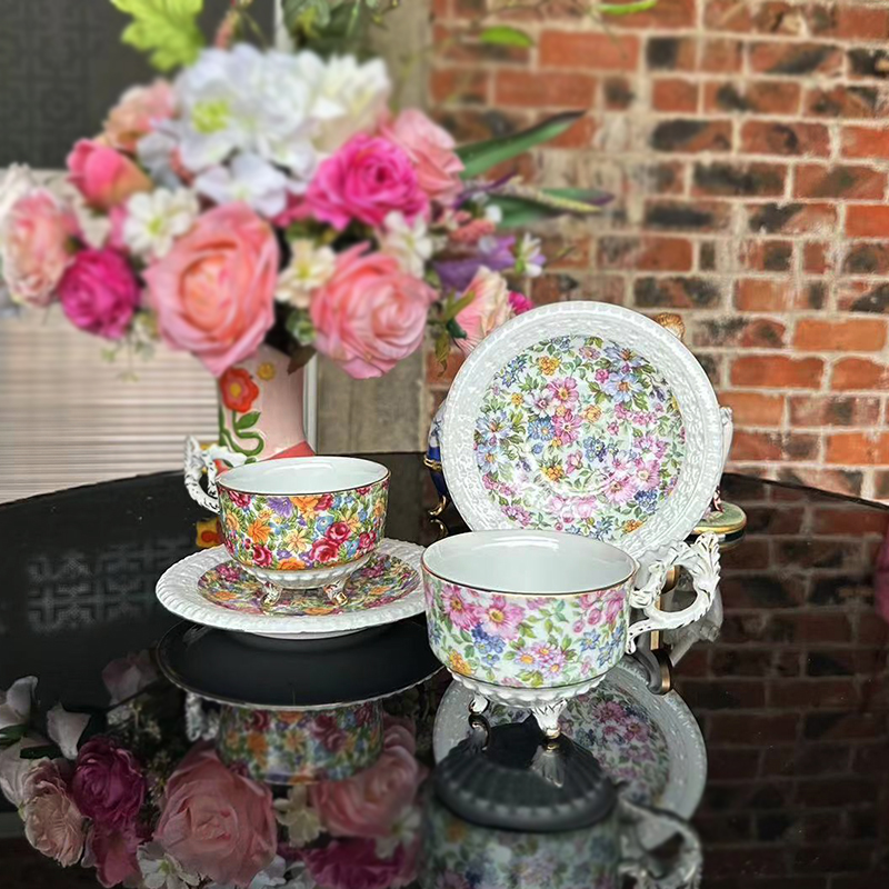 Coffee Tea English - فناجين قهوة، أطباق، أكواب شاي مطلية